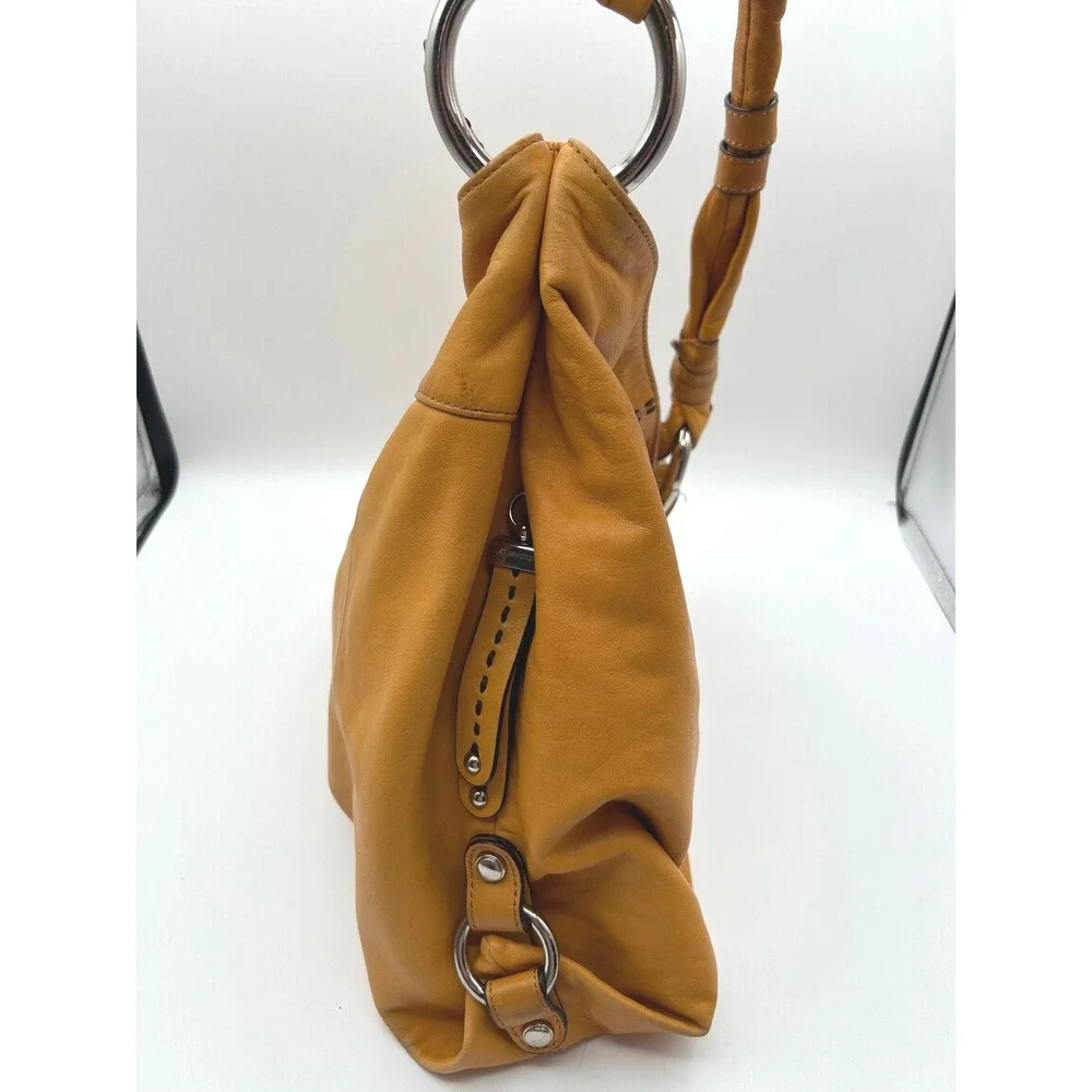 B. Makowsky Hobo Bag Women Large Mustard Yellow Leather Whipstitch Ring Handle